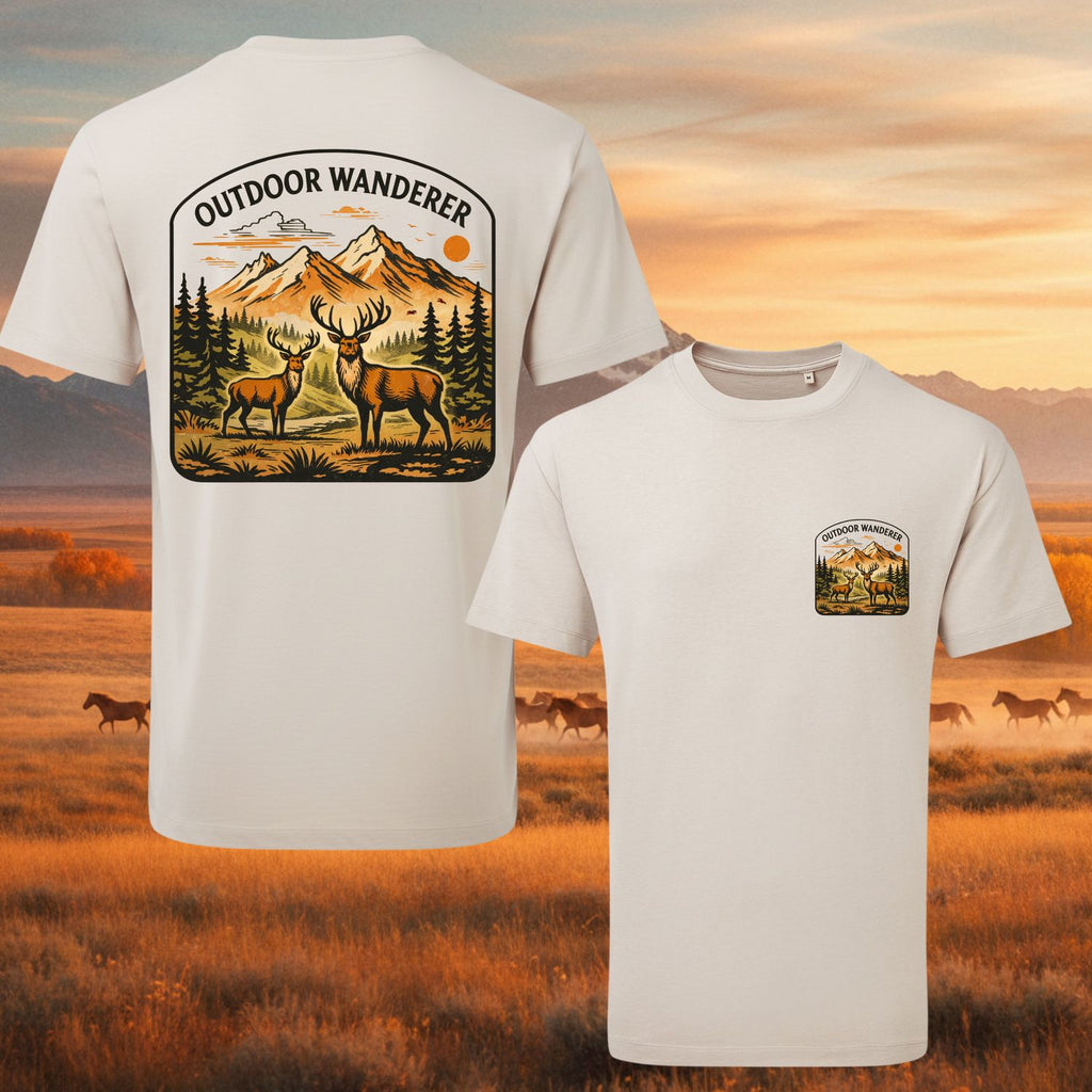 T-shirt with 'Outdoor Wanderer' design featuring deer in a natural setting, against a scenic background.