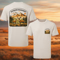 T-shirt with 'Outdoor Wanderer' design featuring deer in a natural setting, against a scenic background.