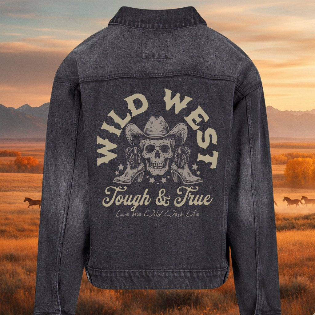 Denim jacket with 'Wild West Tough & True' design against a scenic backdrop