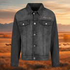 Denim jacket with 'Tough & True' embroidery against a scenic background of horses and mountains.