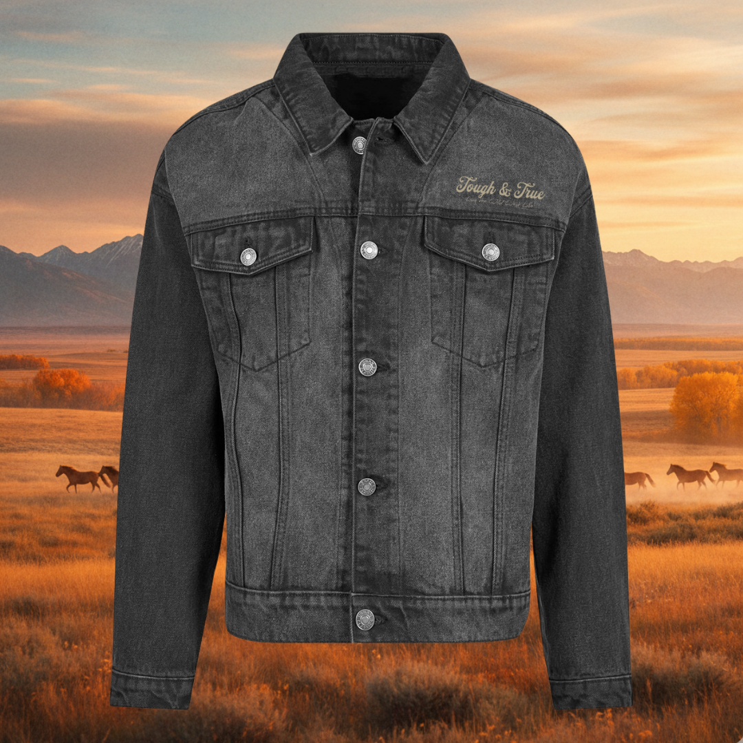 Denim jacket with 'Tough & True' embroidery against a scenic background of horses and mountains.