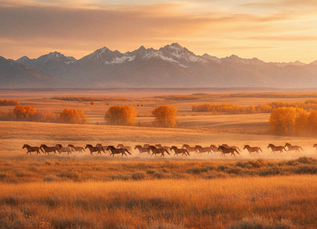 Horses running in a field with mountains in the background during sunset.
