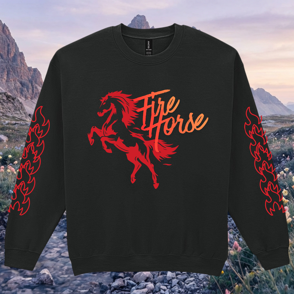 Black sweatshirt with red horse graphic and 'Fire Horse' text against a mountainous landscape.