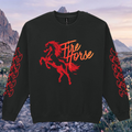 Black sweatshirt with red horse graphic and 'Fire Horse' text against a mountainous landscape.