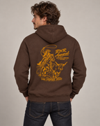 A man wearing a brown pullover hoodie with a large Orange graphic print on the back, shown from behind against a plain light gray studio background. cowboy roping a bull 